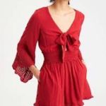 American Eagle  Sz XS Short Romper Red Eyelet Bell Sleeve Deep Tie V-Neck Women’s Photo 1