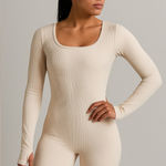 Women’s Long Sleeve Ribbed Athletic Jumpsuit – Nude Beige One Piece Size M Size M Photo 0