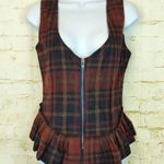 Handmade Womens Vest XS Orange Tartan Plaid Front Zipper Ruffle Peplum Grunge Y2K Handmad Photo 2