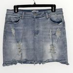 Bamboo  Mini Blue Denim Distressed Fringe Hem Jean Skirt Jr’s Size 11 Photo 0