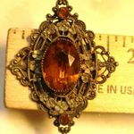 Antique Victorian Brass Filigree Brooch Yellow Orange Amber Colored Glass Photo 9