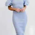 Baltic Born Alana Smocked Off-Shoulder Puff Sleeve Baby Blue Mermaid Midi Dress L Photo 0