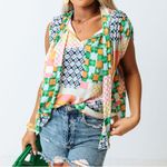 Fate Blouse Patchwork Print Tie Neck Size Large Rayon Sleeveless Padded Shoulder Green Photo 4