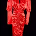 Pretty Little Thing  Red Satin Ruched Skirt Puff Sleeve Midi Dress Photo 1