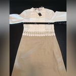 Kensie  Linen & Rayon White and Tan Sheath Dress with Pleated Bishop Sleeves NWT Photo 8