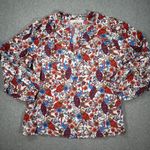Ann Taylor Loft Peacock Floral Ruffle Button Blouse Women's Medium Orange Blue Photo 0