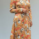 Vintage Floral Satin Boho Maxi Long Sleeve Dress Flowery Fall Dress Neutral Tan Size M Photo 0