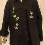 Las Olas  Sz M Black Button Shirt Embroidered Cocktails Rhinestones Sequins Photo 1