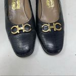 Salvatore Ferragamo  black crock embosse gold horsebit hardware block heels sz 7 Photo 4
