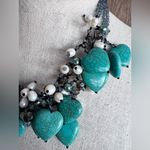 Freshwater Pearl & Faux Turqouise Hearts Glass Bead Chunky Bib‎ Fringe Necklace Green Photo 2