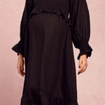 Frances Hart Maternity Maxine Smocked 100% Linen Ruffled Midi Dress Black Size undefined Photo 0