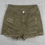 SheIn Distressed Denim Shorts Women 28 High Waist Raw Fringe Olive Photo 0