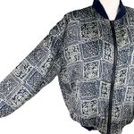Robert Stock Vintage Bomber Jacket Silk Large Geometric Print Blue Photo 5