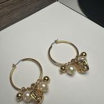 LCI Faux Pearl Bead Charm Hoop Pierced Earrings Gold Tone Signed Photo 1