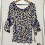 Democracy | NWT Off Shoulder Smocked Bell Sleeve Boho Print Top Shirt, XL/1X Photo 0
