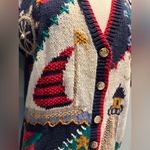 Ashley Vintage hand knit sailboat nautical sweater cardigan size Medium Red Photo 9