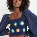 Aerie  Women's Crochet Floral Deets Vacay Puffed Long Sleeve Cropped Top Sz Small Photo 0