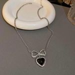 Women's Rhinestones Bow Black Love Heart Pendant Necklace Silver Photo 0