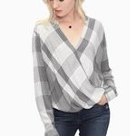 Splendid Gray White Plaid Surplice Faux Wrap Long Sleeve Blouse Size Medium Photo 0
