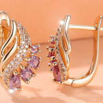 Gold & Lavender Crystal Leaf Earrings Drop leverback NWT Purple Photo 0