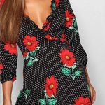Boohoo Retro Pinup Rockabilly Polka Dot & Floral Ruffle Hem Dress Size 2 XS Photo 1