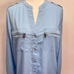 Calvin Klein Light Blue Shimmer Long Sleeve Button Front Blouse Size Medium Photo 3