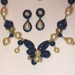 Vintage Chunky Navy Blue Gold Tone Faux Pearl Beaded Necklace Earrings Set Photo 2