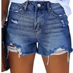 NWOT ~ Medium Blue Denim Jean Frayed Raw Edge CutOff Shorts ~ Women's MEDIUM Photo 0