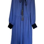 Mikael Aghal Front Tie Long Sleeve Velvet Trim Midi Dress Blue Women's Size 8 Photo 0