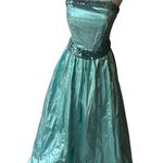 Vintage 70s 80s turquoise lame metallic turquoise sequin trimmed gown Small Blue Photo 0