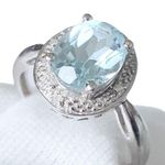 Natural Blue Aquamarine Solid 10K White Gold Diamond Engagement Halo Rin… Photo 2