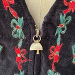Vintage 90s Cleo Black Velveteen Embroidered Christmas Vest Bell Zipper Pull XL Photo 2