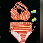 Island Rays NWT Ladies 1X Two Piece Bikini Set Striped Swimsuit Padded Top Pink Photo 2