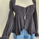 Urban Outfitters  Black Crinkle Button Front Empire Top Long Sleeve Smocked L Photo 2