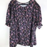Bloomchic  Floral Print Puff Sleeve Round Neck Ruffle Trim Blouse Black 30 Photo 2