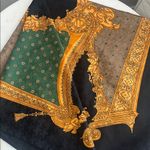 Vintage Patricia Paris Scarf 29 x 30 inches Black Gold Green Baroque Scrolls Photo 5