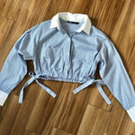 ZARA  blue & white tie strap bow cropped button front collar long sleeve shirt Photo 0