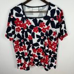Alfred Dunner Textured Floral Top Womens M Navy Square Neck Retro Preppy Resort Blue Size M Photo 0