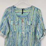 Cathy tunic M petite linen blend short tab sleeve zip front stripe beach resort Green Size M Photo 1