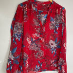 Kut From The Kloth Womens Tunic Blouse Top Size M Red Floral Sheer Long Sleeve Photo 0