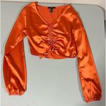 Forever 21 Orange Silk Satin V-Neck Ruched Drawstring Long Sleeve Crop Top Shirt Blouse Size M π Photo 0