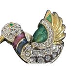 Vtg Earrings Mallard Duck Bird Jadeite Rhinestones Clip Back 1 3/8" Gold Photo 1