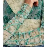 ZARA Mesh Top S Green Floral Print Ruched Long Sleeve Sheer Trendy Photo 1