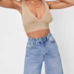 Nasty Gal Go For Knit Ribbed Bralette Halter Plunge V-neckline Oatmeal Beige L Photo 3