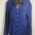 New Directions Weekend Long Sleeve V Neck Button Down Shirt Blue Size L Photo 0