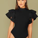 Black Ruffled high neck bodysuit size Large women's New . Super fun Photo 1