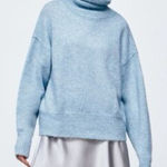 ZARA  Alpaca Wool Blend Knit Oversized Turtleneck in Light Blue Size Medium Photo 0
