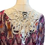 Como vintage Top Blouse Tunic SZ L Multicolor Sheer Crochet Bell Sleeves Boho Photo 4
