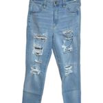 American Eagle Light Wash Destructed Super High Rise Crop Jeans Photo 0