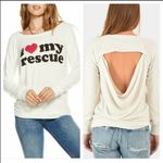 Chaser  I Love My Rescue white long sleeve open back fuzzy sweatshirt size XS Photo 1